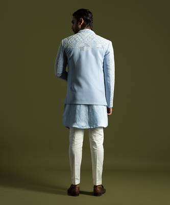 Ice blue geometric embroidered open jacket set 4