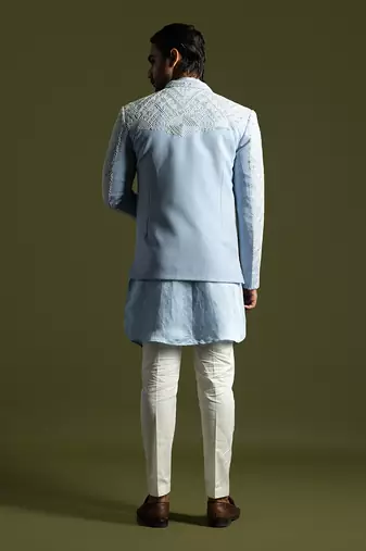Ice blue geometric embroidered open jacket set
