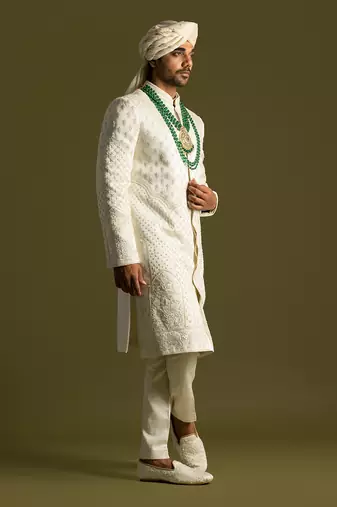 Ivory thread work sherwani set