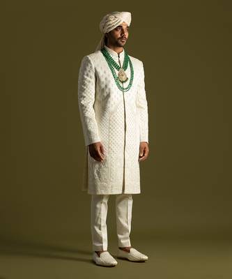 Ivory thread work sherwani set 4