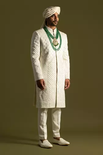 Ivory thread work sherwani set