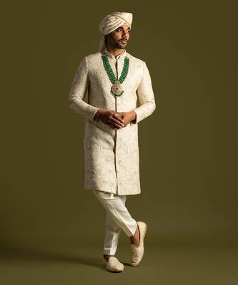 Cream bamberg silk sherwani set 1