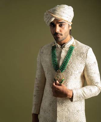Cream bamberg silk sherwani set 2