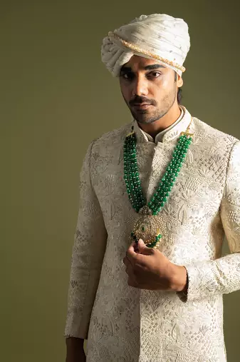 Cream bamberg silk sherwani set