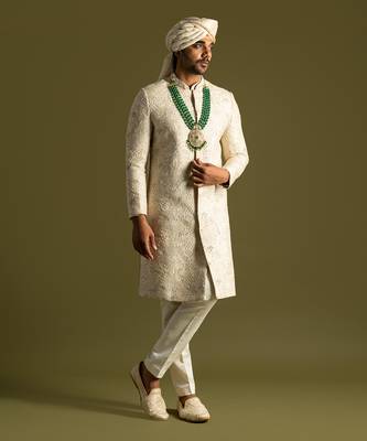 Cream bamberg silk sherwani set 3