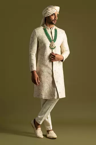Cream bamberg silk sherwani set