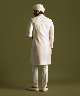 Cream bamberg silk sherwani set 4