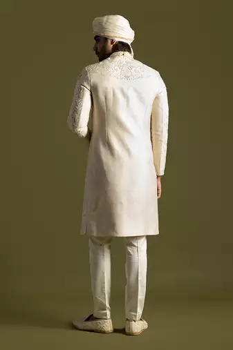 Cream bamberg silk sherwani set