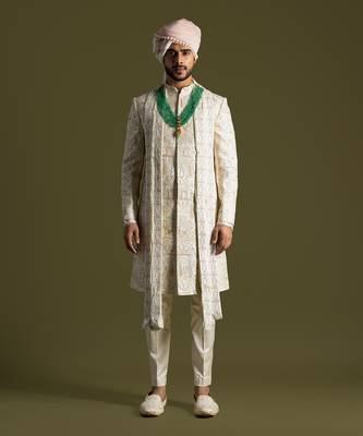 Cream raw silk embroidered sherwani set 1