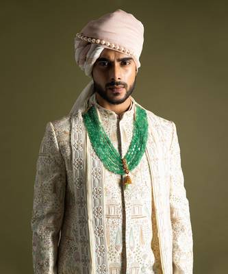 Cream raw silk embroidered sherwani set 2