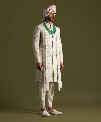 Cream raw silk embroidered sherwani set 3