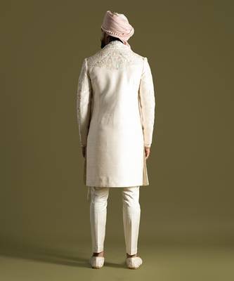 Cream raw silk embroidered sherwani set 4