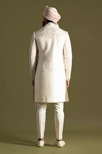 Cream raw silk embroidered sherwani set
