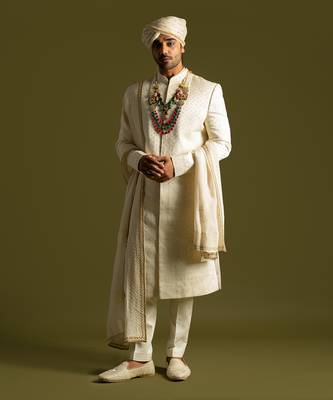 Ivory tonal thread work sherwani set 1