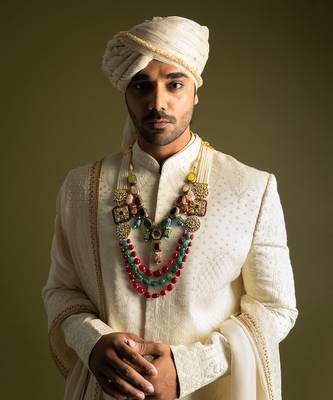 Ivory tonal thread work sherwani set 2