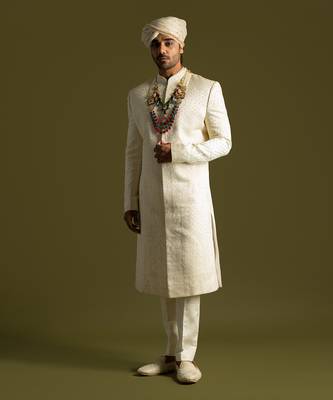 Ivory tonal thread work sherwani set 3