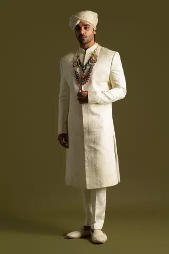 Ivory tonal thread work sherwani set