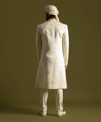 Ivory tonal thread work sherwani set 4