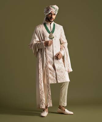 Powder pink thread work sherwani set 1