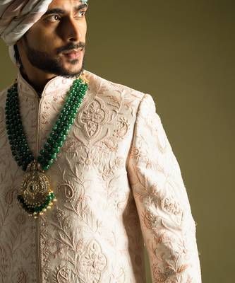 Powder pink thread work sherwani set 2