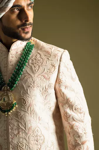Powder pink thread work sherwani set
