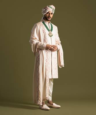 Powder pink thread work sherwani set 3