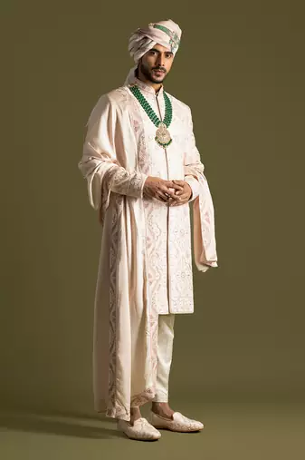 Powder pink thread work sherwani set