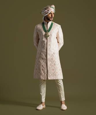 Powder pink thread work sherwani set 5