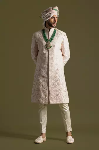 Powder pink thread work sherwani set
