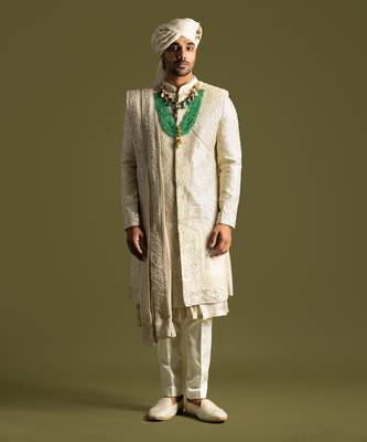 Beige tonal thread work sherwani set 1