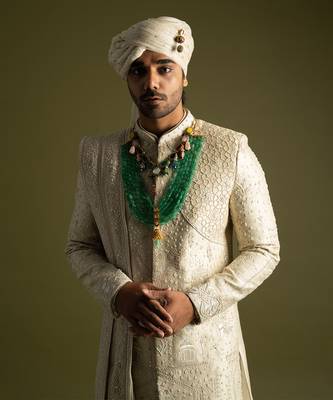 Beige tonal thread work sherwani set 2