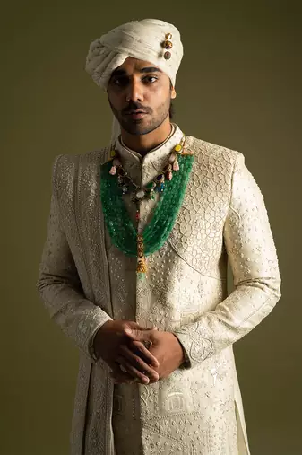 Beige tonal thread work sherwani set
