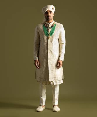 Beige tonal thread work sherwani set 3