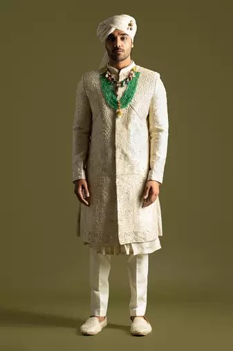 Beige tonal thread work sherwani set