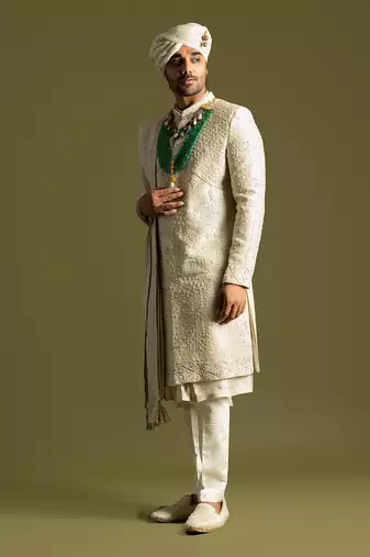 Beige tonal thread work sherwani set