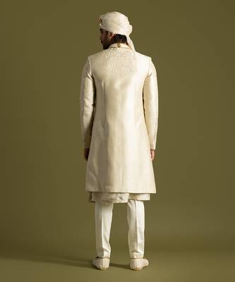 Beige tonal thread work sherwani set 5