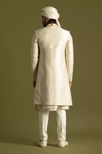 Beige tonal thread work sherwani set