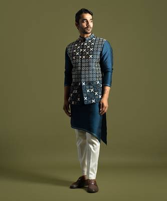 Teal blue silk nehru jacket set 1