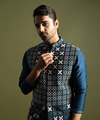 Teal blue silk nehru jacket set 2