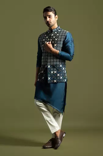 Teal blue silk nehru jacket set