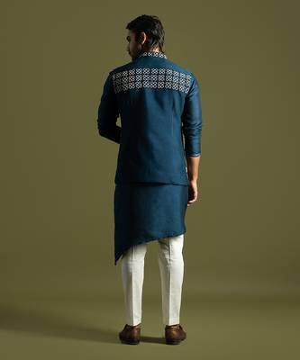 Teal blue silk nehru jacket set 4