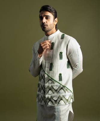 Oyster grey thread work nehru jacket set 2