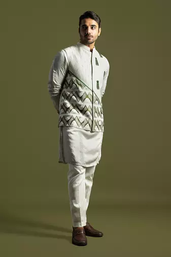 Oyster grey thread work nehru jacket set