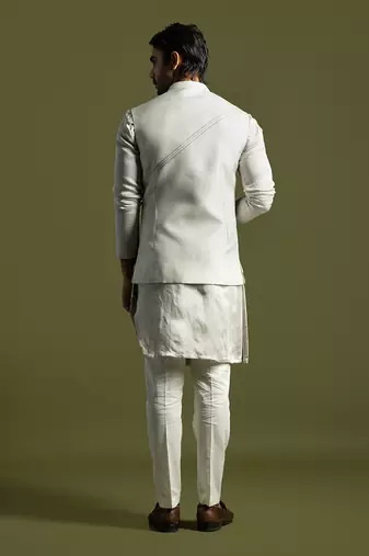 Oyster grey thread work nehru jacket set