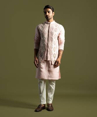 Baby pink chanderi nehru jacket set 1