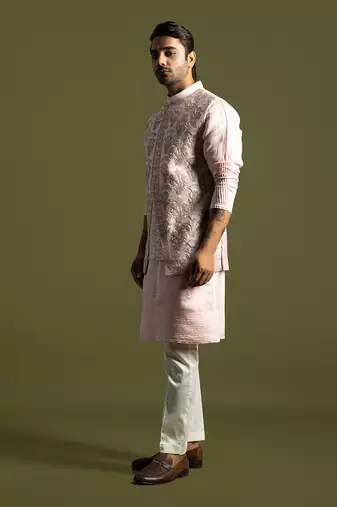 Baby pink chanderi nehru jacket set