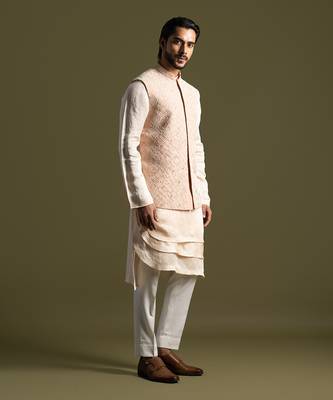 Peach silk nehru jacket set 3