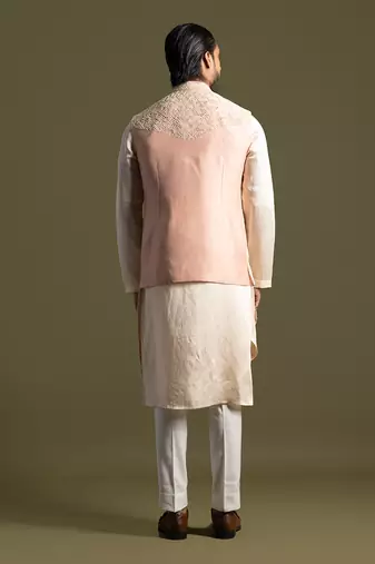 Peach silk nehru jacket set