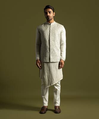 Grey embroidered bundi jacket set 1