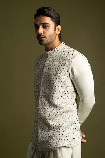 Grey embroidered bundi jacket set